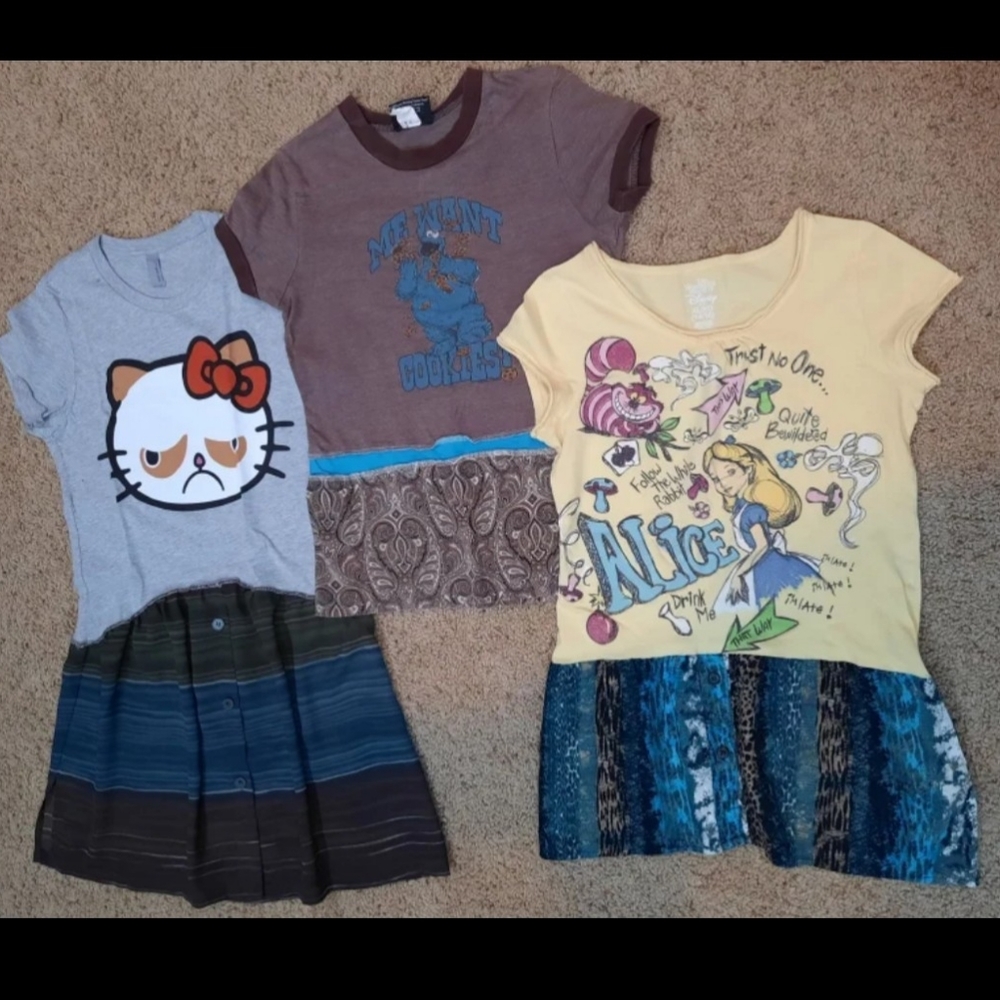 Lot 3 upcycled tunic tops girls XL artsy cartoon handmade